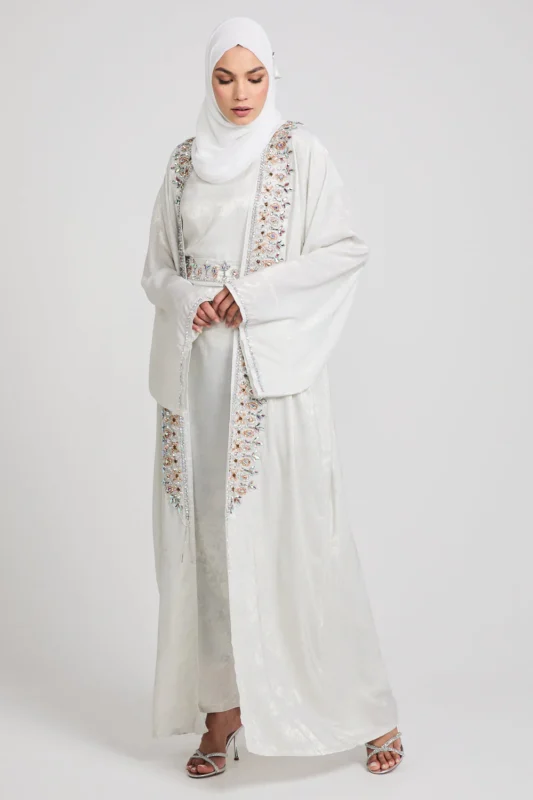 open abaya uk - white full set kimono abaya 