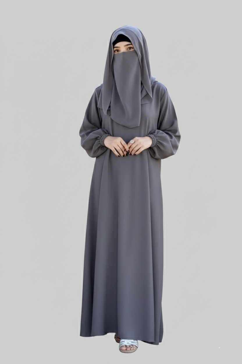Grey Colored Maxi Abaya with Elastic Sleeves OL-125_(2)