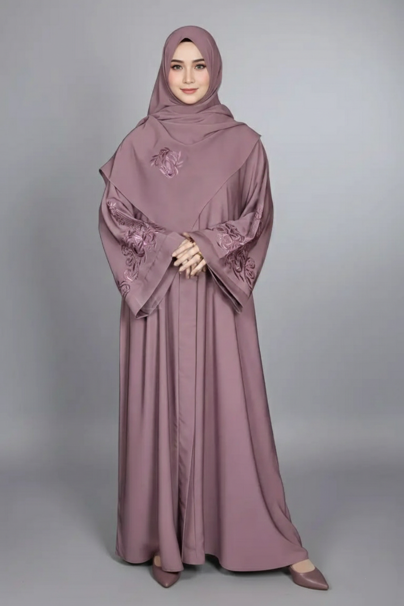 Kasni Colored Front Open Abaya with Embroidered Sleeves OL-1144_