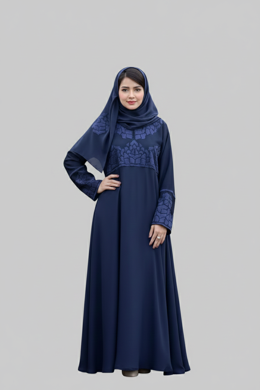 Navy Blue Maxi Abaya with Stone and Velvet Work OL-183_