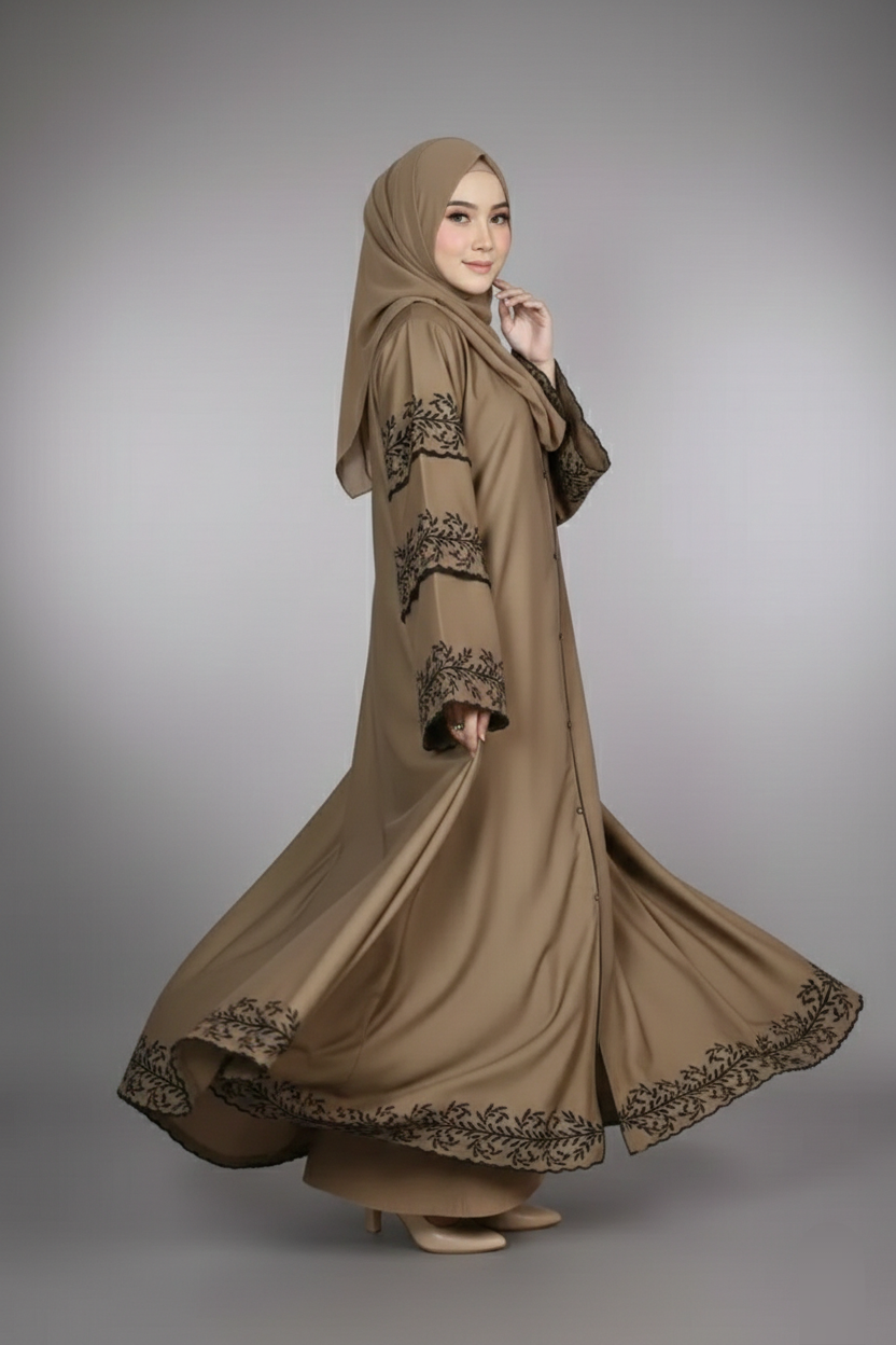 Nida Front Open Gown Abaya, 3 Layers Embroidery On Arms With All Round Bottom 0603_